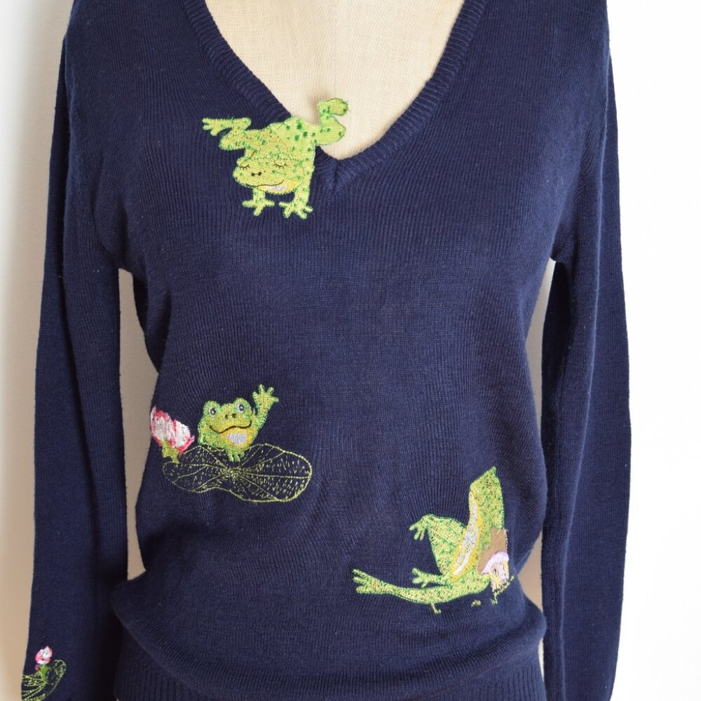 vintage 70s sweater navy embroidered FROGS Cyn Les Shirlee jumper top shirt M L - Picture 2 of 8
